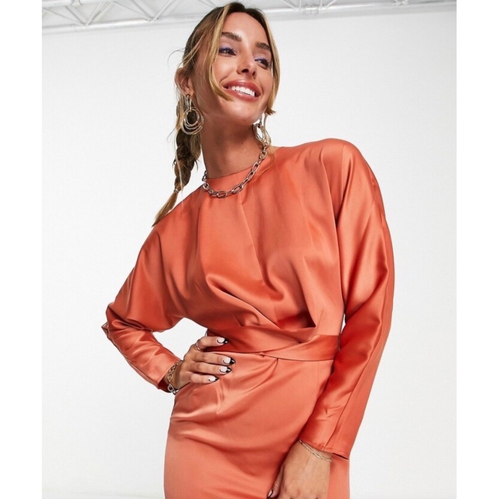 ASOS Design Women Rust Orange Satin Long Sleeve Tie Waist Maxi Dress Formal Gown - Picture 2 of 10